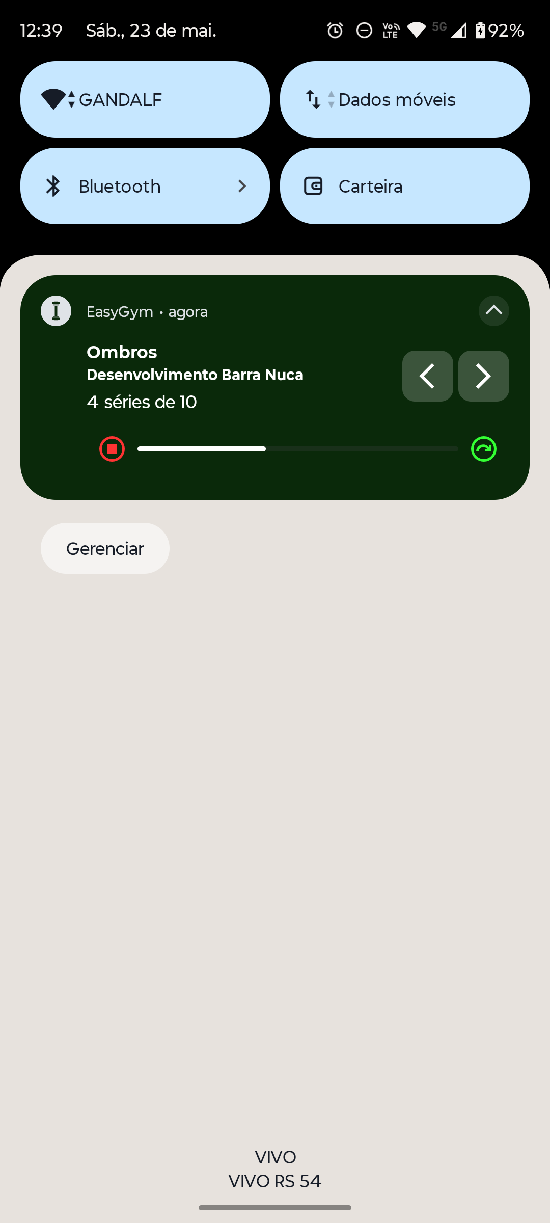 Painel de notificações do Android mostrando o widget do EasyGym com o exercício atual, controles de avançar e voltar e barra de progresso