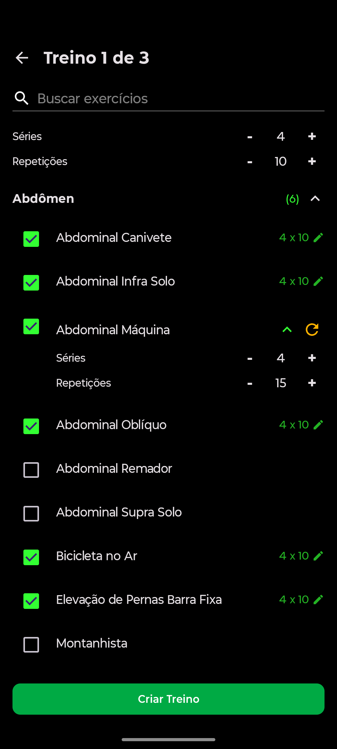 Tela de montagem de treino com exercícios de abdômen
